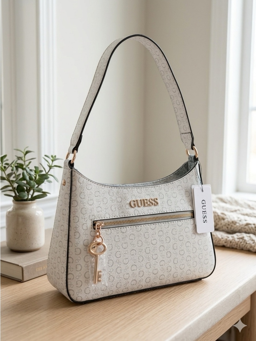 Guess Cream Logo Shoulder Bag with Gold Hardware